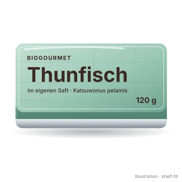 Illustration: Flache Dose BioGourmet Thunfisch im eigenen Saft, 120 g