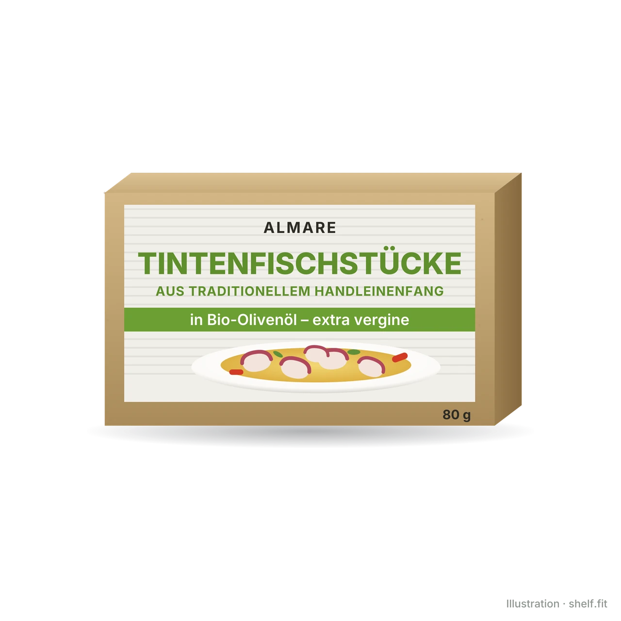 Illustration: Packung Almare Seafood Tintenfischstücke in Bio-Olivenöl, 80 g
