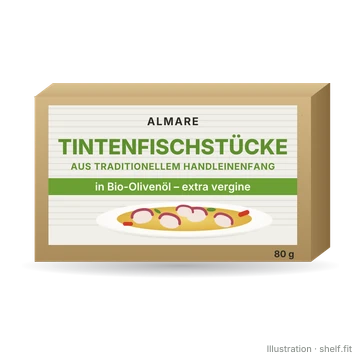 Illustration: Packung Almare Seafood Tintenfischstücke in Bio-Olivenöl, 80 g