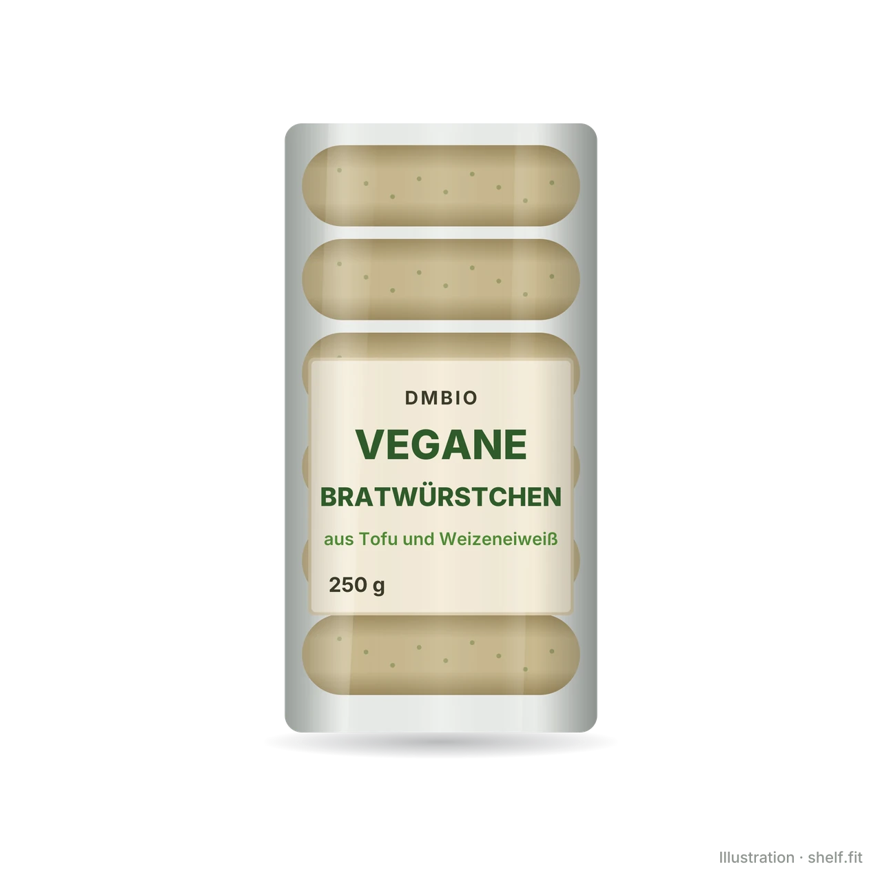 Illustration: Packung dmBio Vegane Bratwürstchen aus Tofu & Weizeneiweiß, 250 g