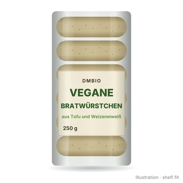Illustration: Packung dmBio Vegane Bratwürstchen aus Tofu & Weizeneiweiß, 250 g