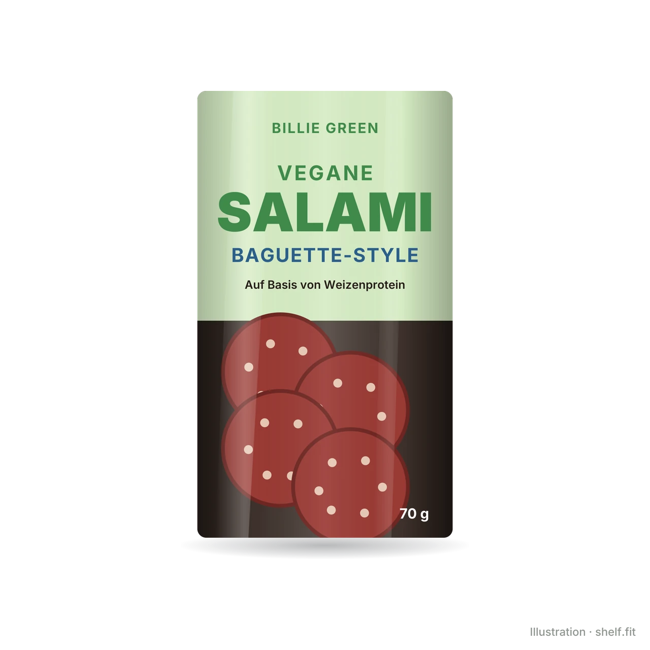 Illustration: Billie Green Vegan Salami, Baguette Style pack, 70 g