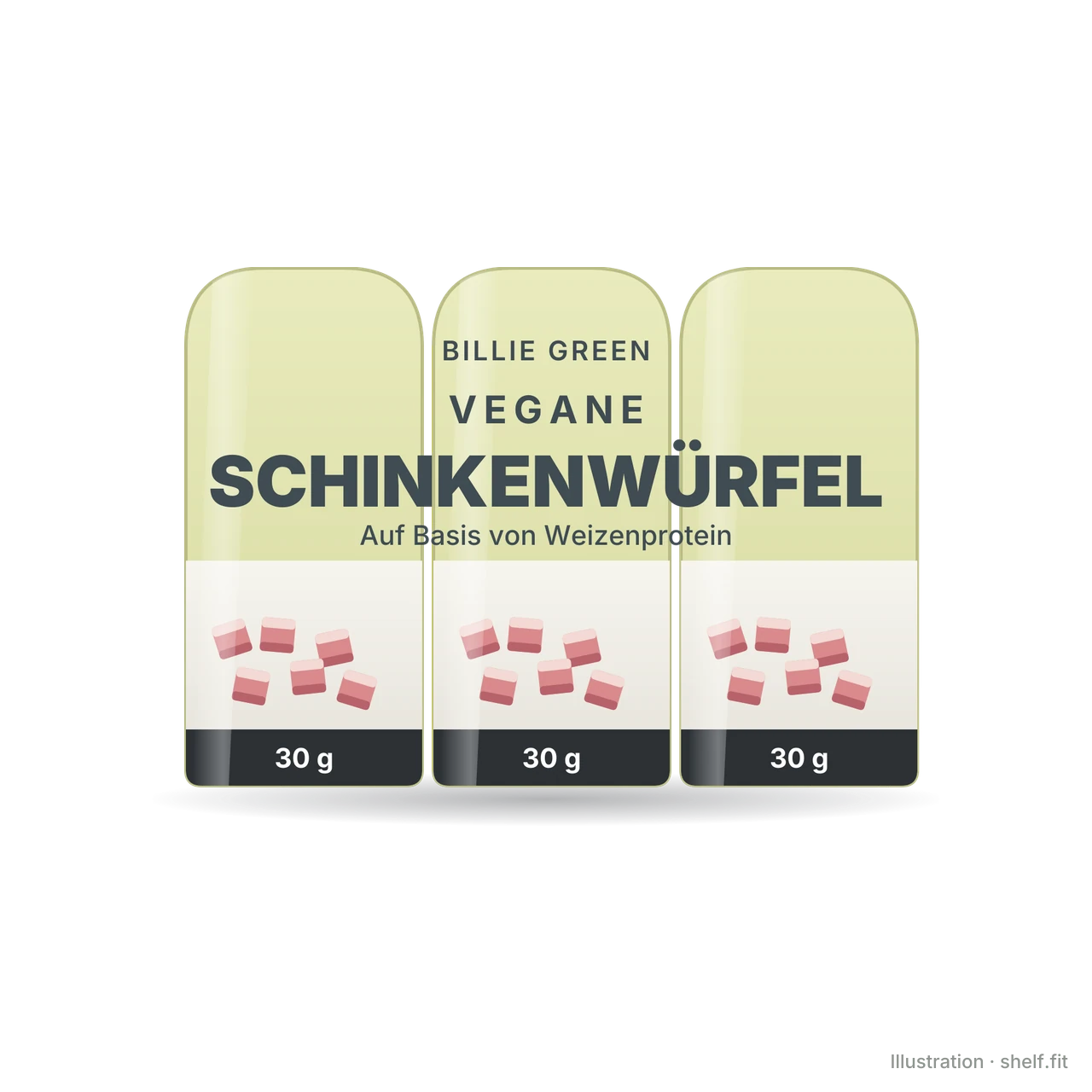 Illustration: Dreierpack Billie Green Vegane Schinkenwürfel, 3 x 30 g