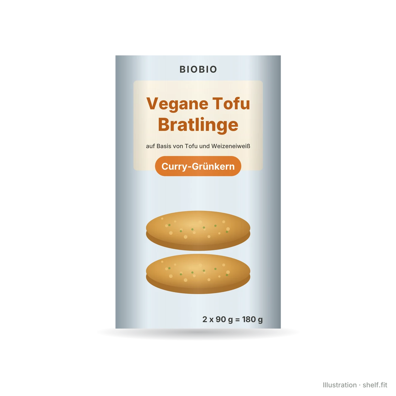 Illustration: Packung BioBio Vegane Tofu-Bratlinge Curry-Grünkern, 2 x 90 g