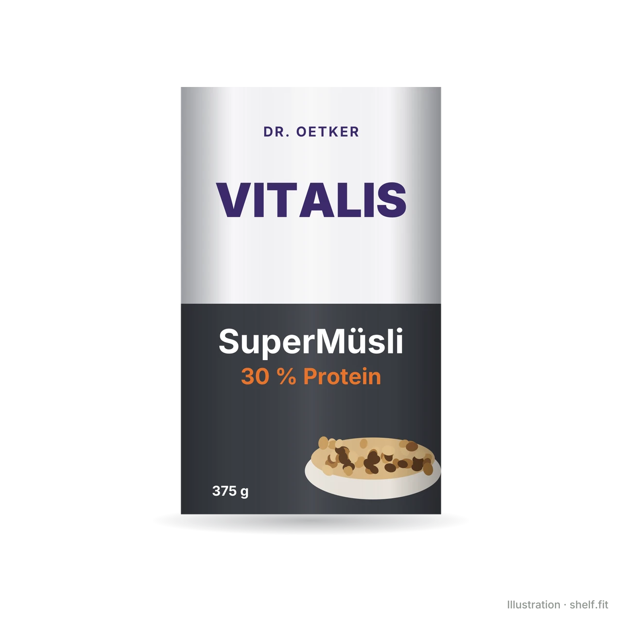 Illustration: Packung Dr. Oetker Vitalis SuperMüsli 30 % Protein, 375 g