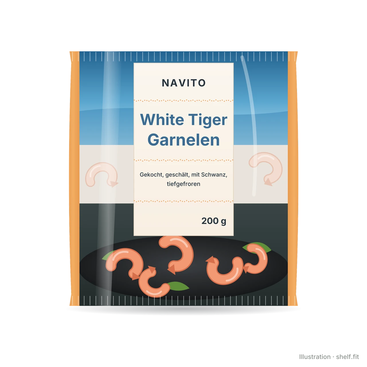 Illustration: Packung Navito White Tiger Garnelen, 200-g-Packung