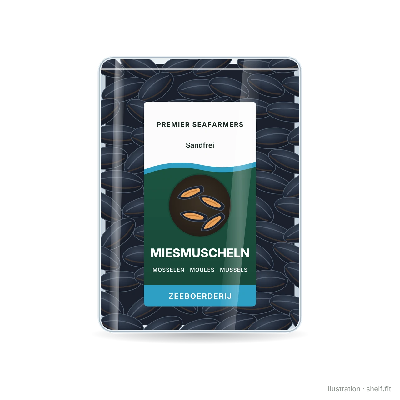 Illustration: Packung Premier Seafarmers Zeeboerderij Miesmuscheln, 1-kg-Packung